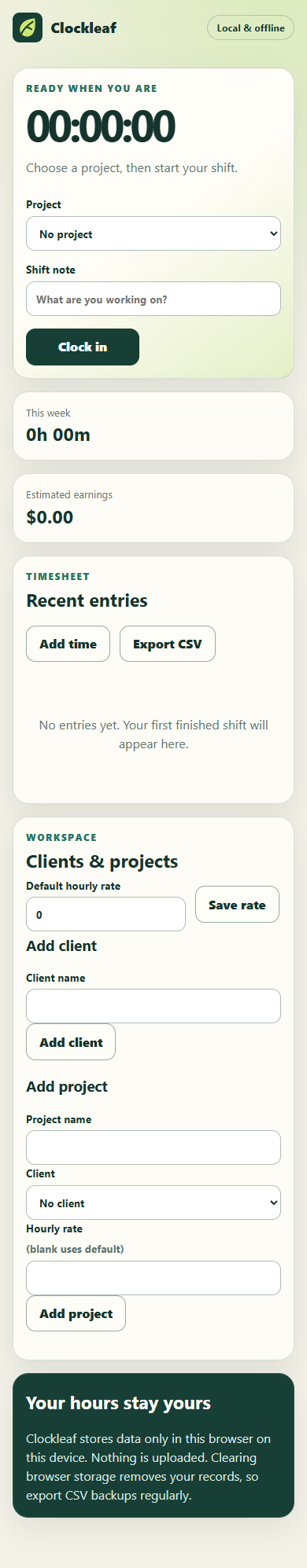 Screenshot of Clockleaf offline hours tracking app